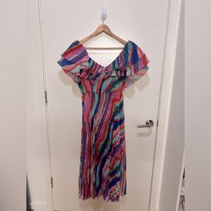 Luisa Pleated Midi Dress in Multi Chiffon by Amur